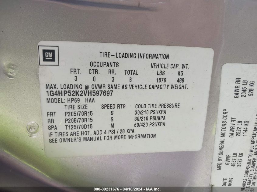 1997 Buick Lesabre Custom VIN: 1G4HP52K2VH597697 Lot: 39231676