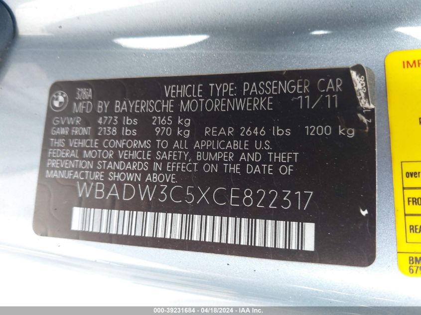 2012 BMW 328I VIN: WBADW3C5XCE822317 Lot: 39231684