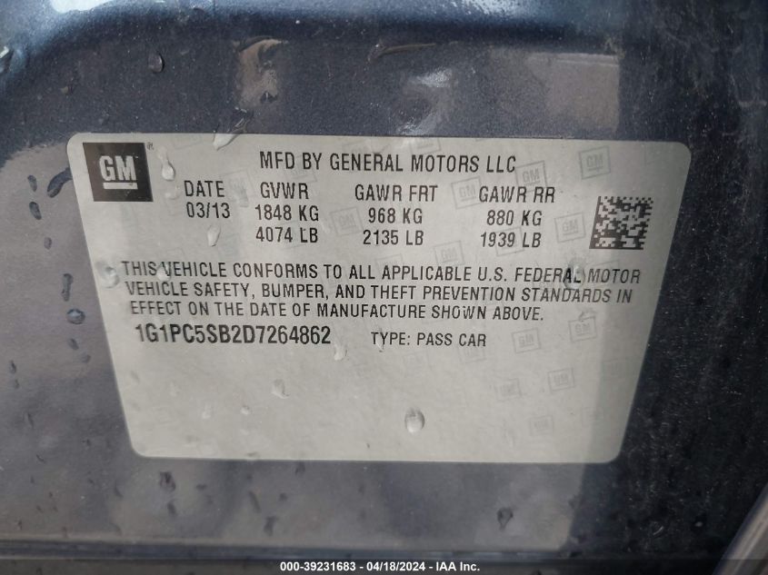 2013 Chevrolet Cruze 1Lt Auto VIN: 1G1PC5SB2D7264862 Lot: 39231683