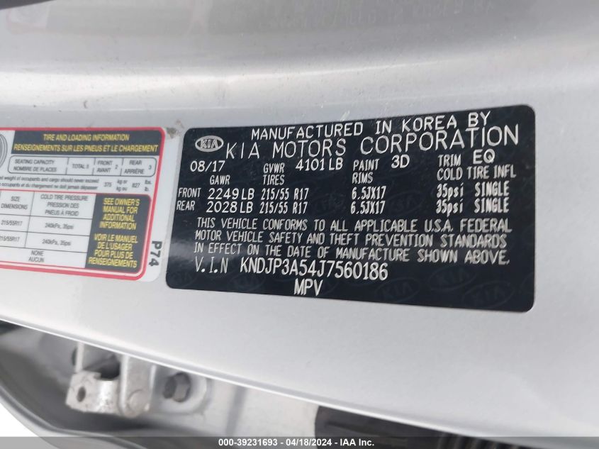 2018 Kia Soul + VIN: KNDJP3A54J7560186 Lot: 39231693