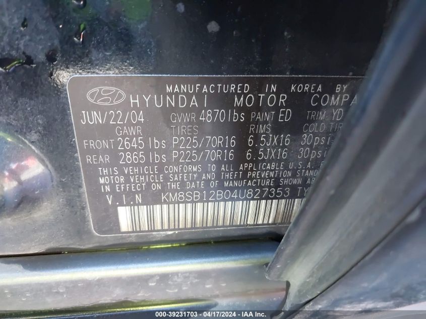2004 Hyundai Santa Fe VIN: KM8SB12B04U827353 Lot: 20150810