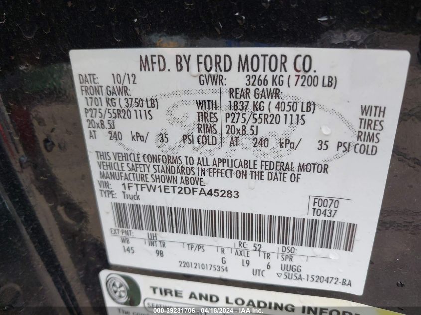 2013 Ford F-150 Platinum VIN: 1FTFW1ET2DFA45283 Lot: 39231706