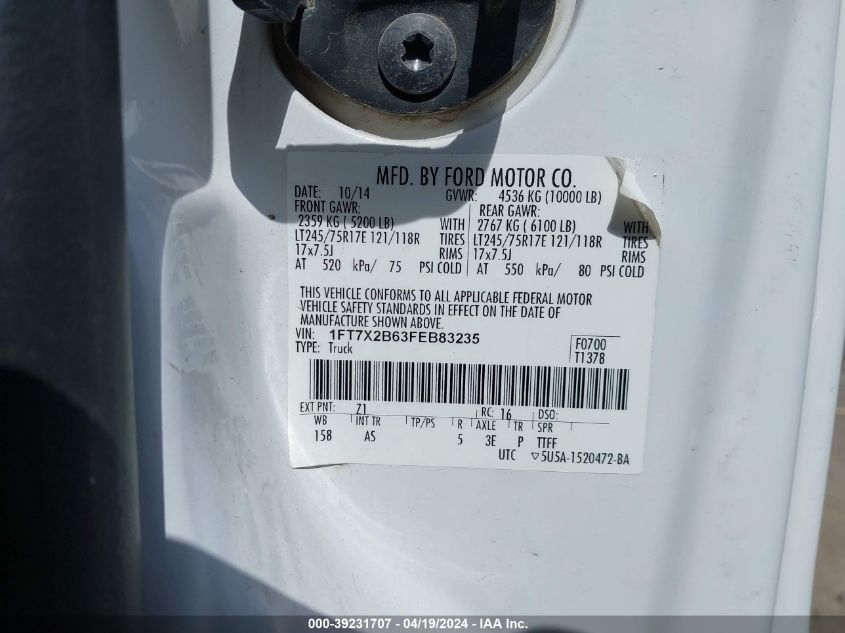 2015 Ford F-250 Xl VIN: 1FT7X2B63FEB83235 Lot: 39231707