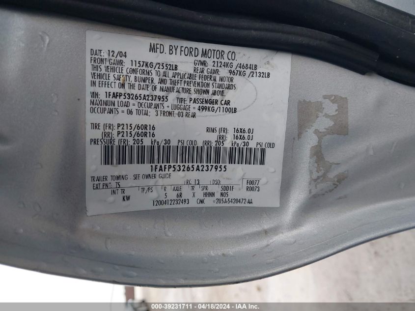 1FAFP53265A237955 2005 Ford Taurus Se