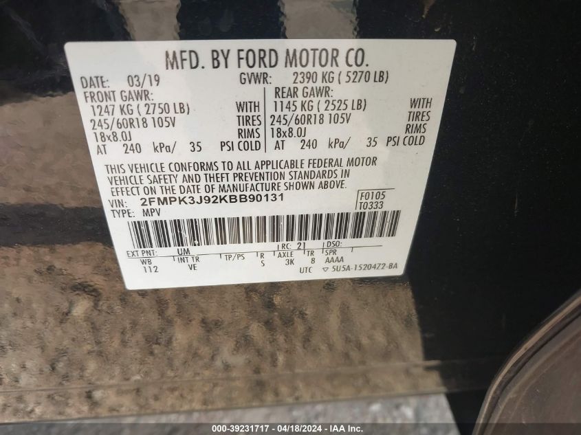 2019 Ford Edge Sel VIN: 2FMPK3J92KBB90131 Lot: 39231717