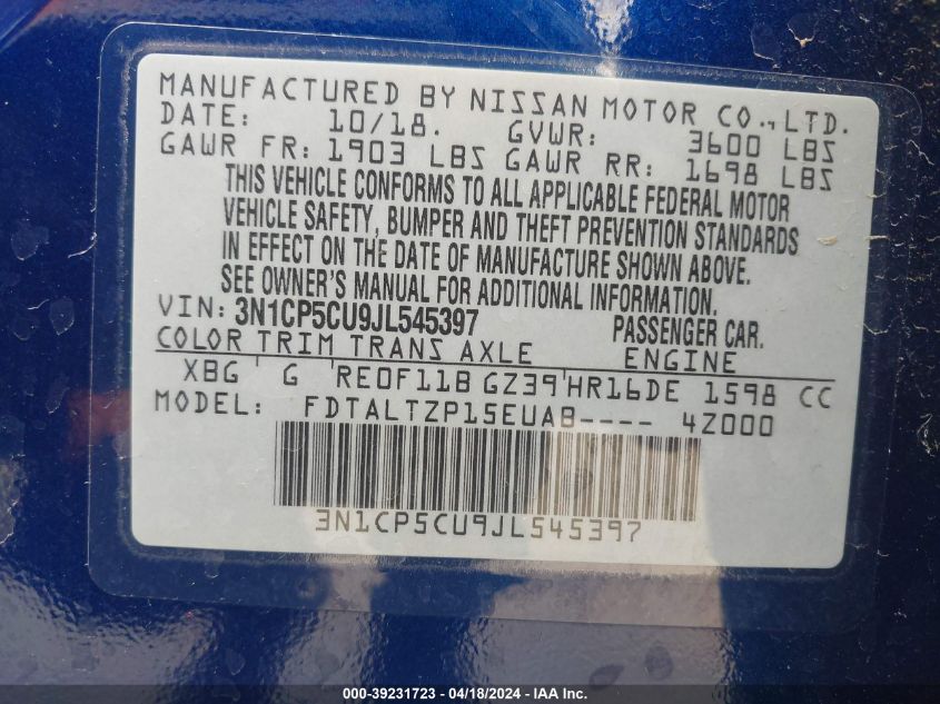 2018 Nissan Kicks Sr VIN: 3N1CP5CU9JL545397 Lot: 39231723