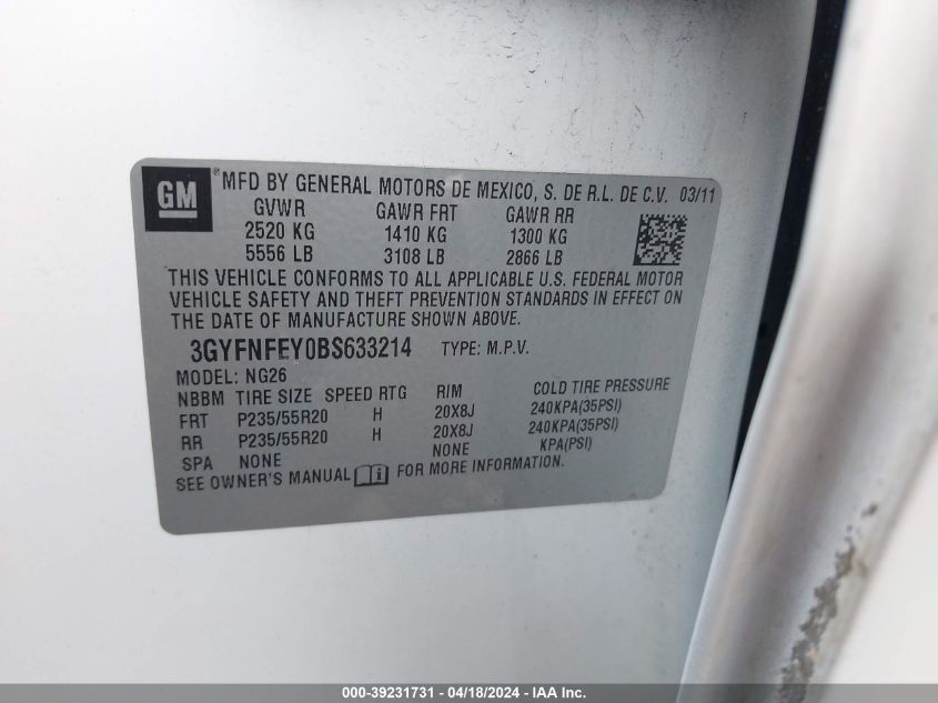 2011 Cadillac Srx Premium Collection VIN: 3GYFNFEY0BS633214 Lot: 39231731