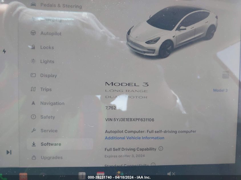 2023 Tesla Model 3 Long Range Dual Motor All-Wheel Drive VIN: 5YJ3E1EBXPF631106 Lot: 39231740