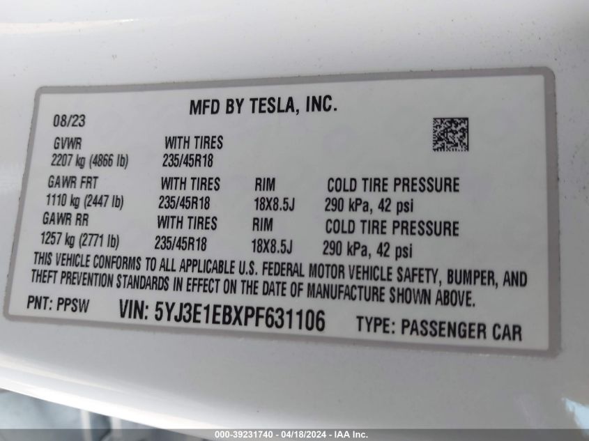 2023 Tesla Model 3 Long Range Dual Motor All-Wheel Drive VIN: 5YJ3E1EBXPF631106 Lot: 39231740