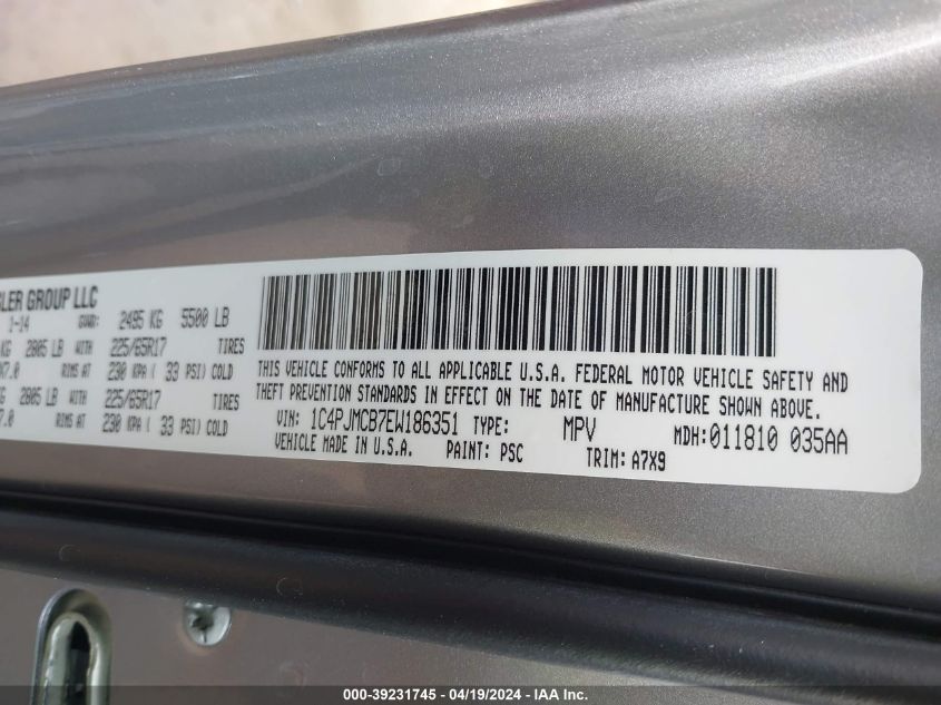 2014 Jeep Cherokee Latitude VIN: 1C4PJMCB7EW186351 Lot: 39231745