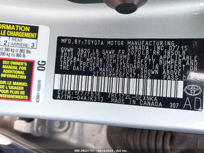 2015 Toyota Corolla Le VIN: 2T1BURHE6FC471862 Lot: 39231751