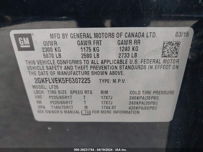 2015 GMC Terrain Sle-1 VIN: 2GKFLVEK5F6307225 Lot: 39231754