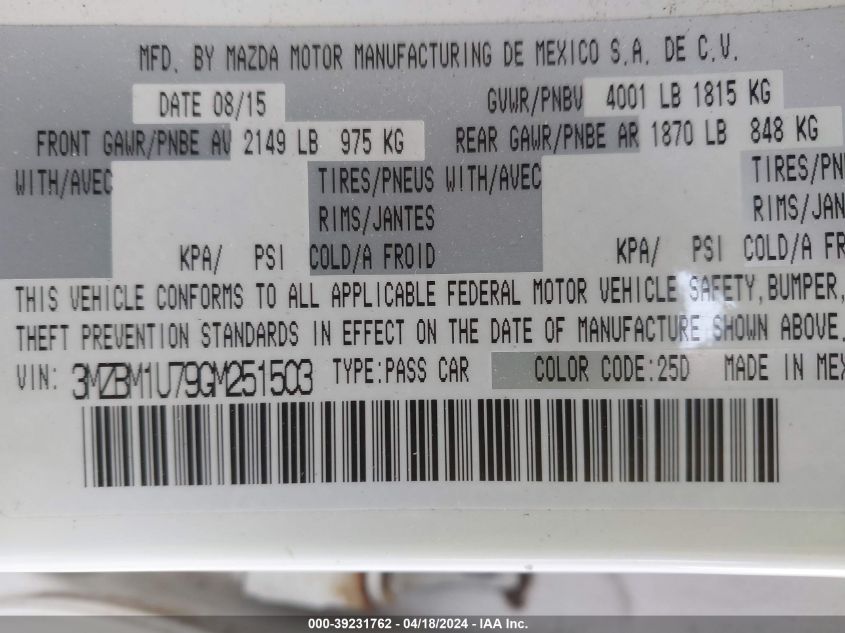 2016 Mazda Mazda3 I Sport VIN: 3MZBM1U79GM251503 Lot: 39231762