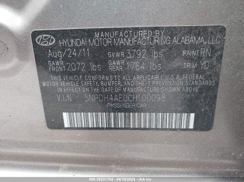 2012 Hyundai Elantra Limited VIN: 5NPDH4AE0CH100098 Lot: 39231784