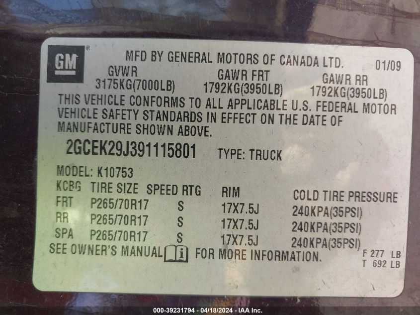 2009 Chevrolet Silverado 1500 Lt VIN: 2GCEK29J391115801 Lot: 39231794