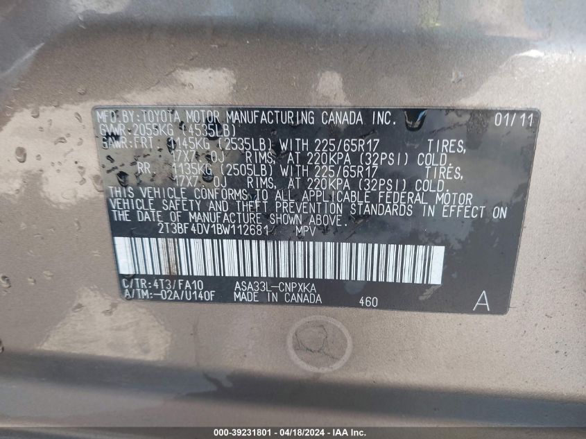 2011 Toyota Rav4 VIN: 2T3BF4DV1BW112681 Lot: 39254921