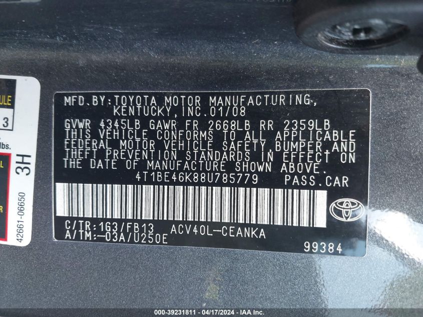 2008 Toyota Camry Le VIN: 4T1BE46K88U785779 Lot: 39231811
