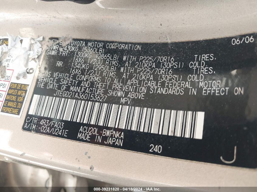 2006 Toyota Highlander VIN: JTEGD21A360153627 Lot: 39231820