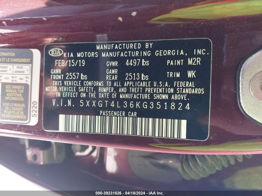 2019 Kia Optima Lx VIN: 5XXGT4L36KG351824 Lot: 39231826