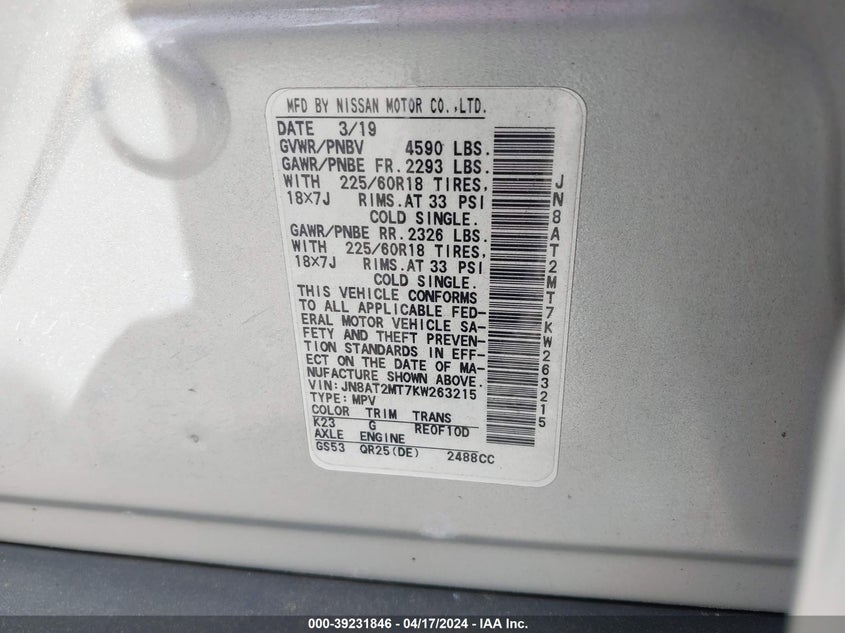 2019 NISSAN ROGUE SV - JN8AT2MT7KW263215