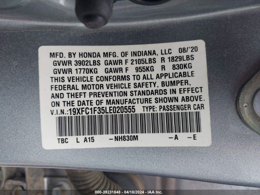 2020 Honda Civic Ex VIN: 19XFC1F35LE020555 Lot: 39255476