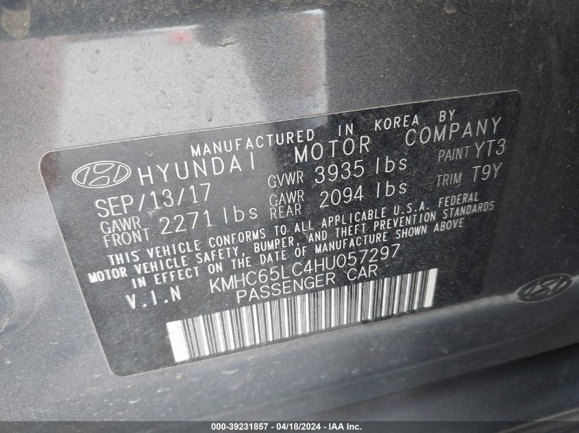 2017 Hyundai Ioniq Hybrid Blue VIN: KMHC65LC4HU057297 Lot: 39231857