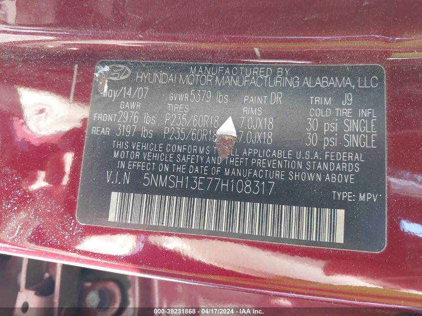 2007 Hyundai Santa Fe Limited/Se VIN: 5NMSH13E77H108317 Lot: 48911074
