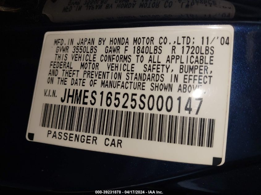 JHMES16525S000147 2005 Honda Civic Lx