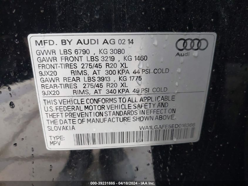 2014 Audi Q7 3.0T Premium VIN: WA1LGAFE5ED016366 Lot: 39231885