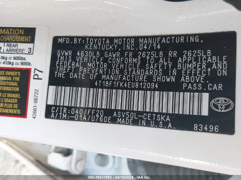 2014 Toyota Camry Se VIN: 4T1BF1FK4EU812094 Lot: 20154931