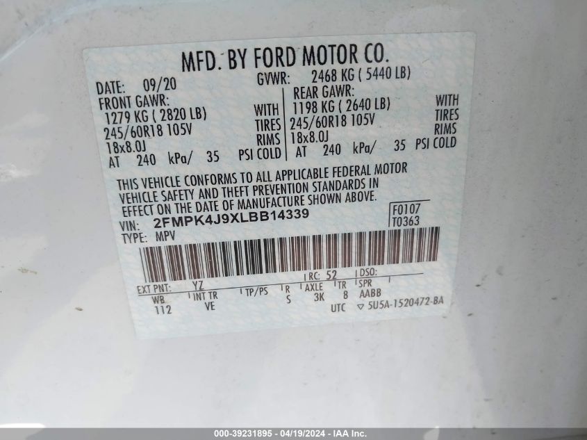 2020 Ford Edge Sel VIN: 2FMPK4J9XLBB14339 Lot: 39231895