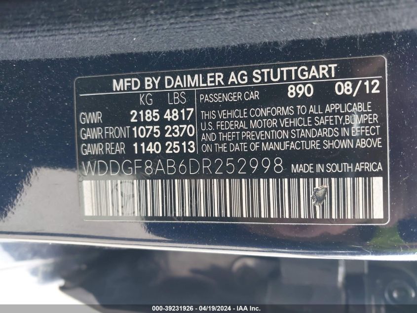 2013 Mercedes-Benz C 300 Luxury 4Matic/Sport 4Matic VIN: WDDGF8AB6DR252998 Lot: 39231926