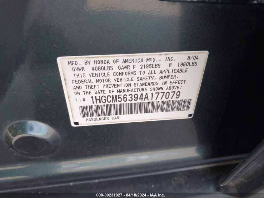 2004 Honda Accord 2.4 Lx VIN: 1HGCM56394A177079 Lot: 39231927