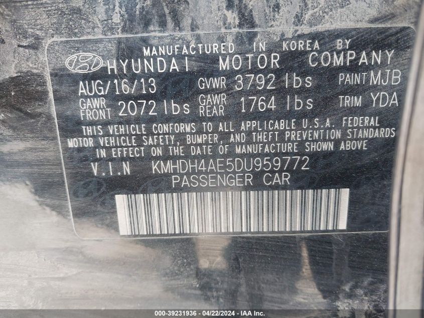 2013 Hyundai Elantra Gls VIN: KMHDH4AE5DU959772 Lot: 39231936