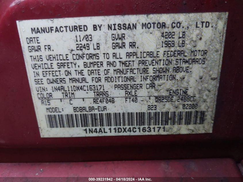 2004 Nissan Altima 2.5 S VIN: 1N4AL11DX4C163171 Lot: 39231942