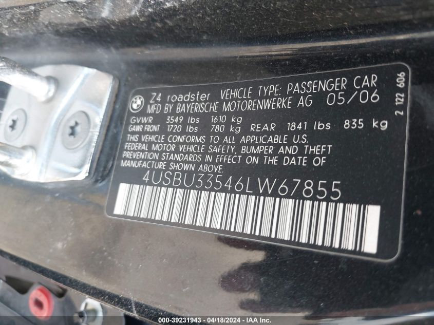 4USBU33546LW67855 2006 BMW Z4 3.0I