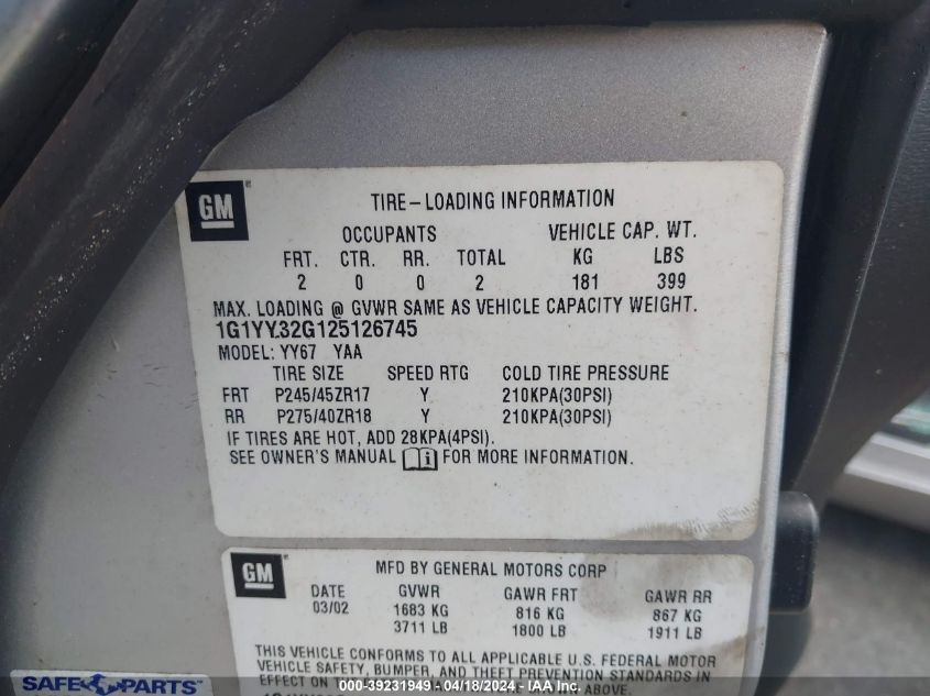 2002 Chevrolet Corvette VIN: 1G1YY32G125126745 Lot: 48742544