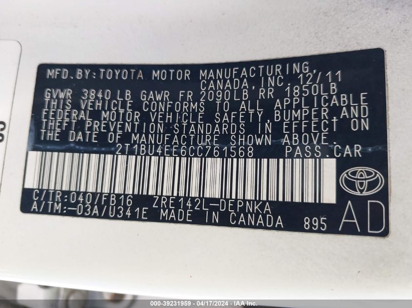 2T1BU4EE6CC761568 | 2012 TOYOTA COROLLA