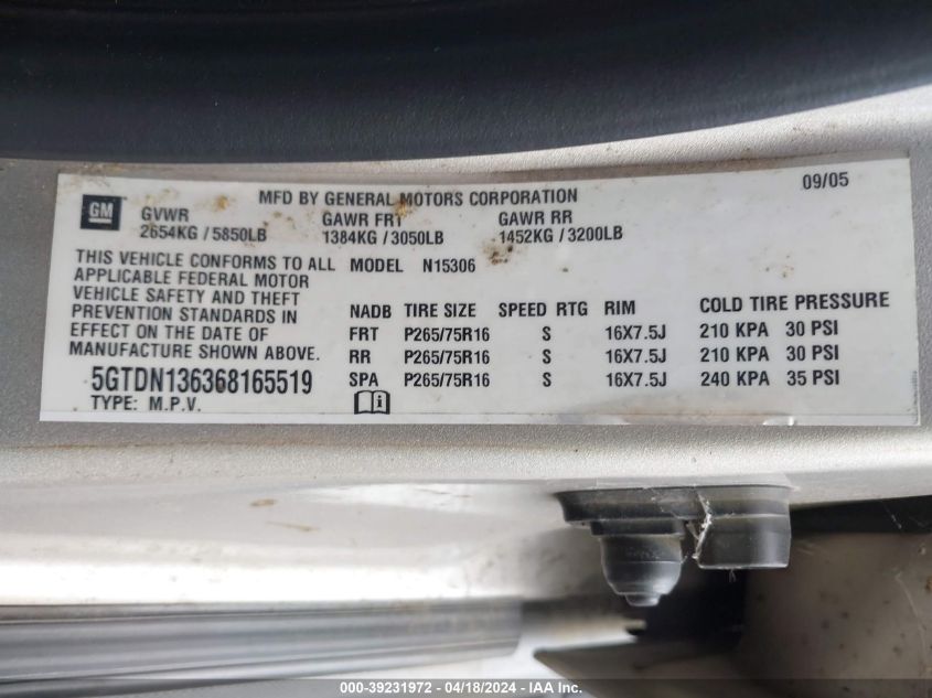 2006 Hummer H3 Suv VIN: 5GTDN136368165519 Lot: 48923264