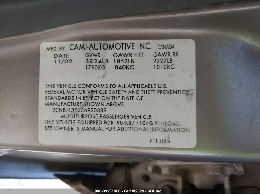 2003 Chevrolet Tracker Hard Top Base VIN: 2CNBJ13C336920889 Lot: 39231988