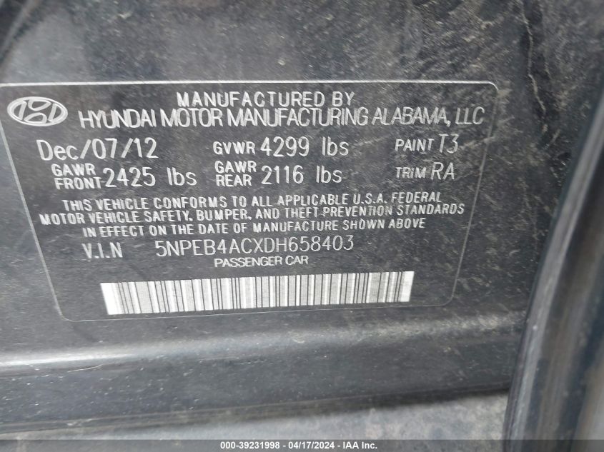 5NPEB4ACXDH658403 | 2013 HYUNDAI SONATA