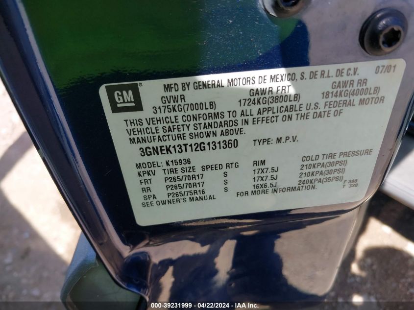 2002 Chevrolet Avalanche 1500 VIN: 3GNEK13T12G131360 Lot: 39231999