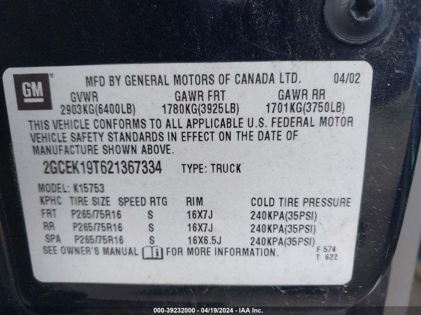 2002 Chevrolet Silverado 1500 Lt VIN: 2GCEK19T621367334 Lot: 39232000