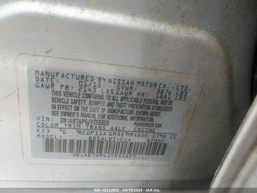 2018 Nissan Sentra S VIN: 3N1AB7AP6JY255829 Lot: 39232002