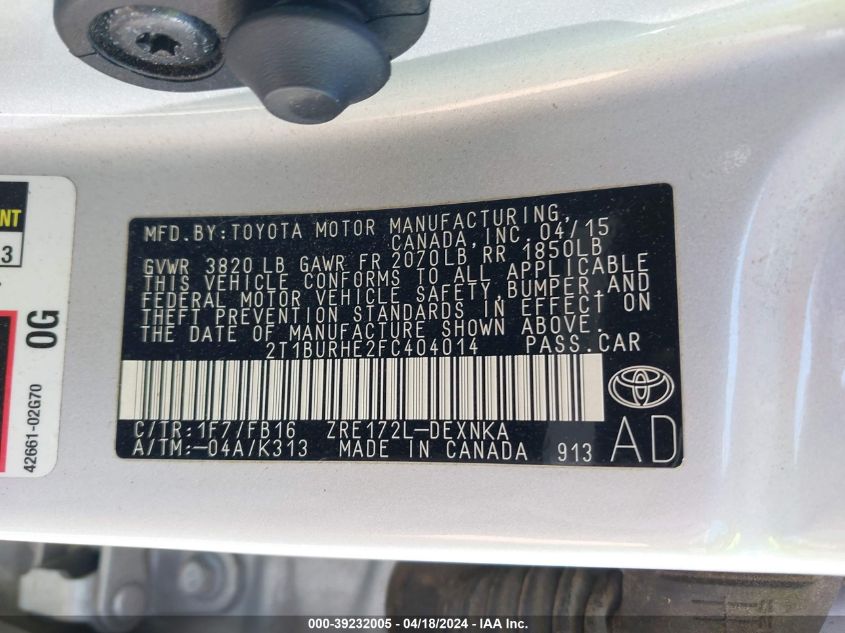 2015 Toyota Corolla Le VIN: 2T1BURHE2FC404014 Lot: 39232005