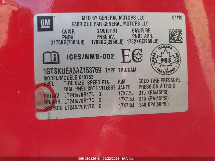 2010 GMC Sierra 1500 Sl VIN: 1GTSKUEA3AZ153769 Lot: 39232018