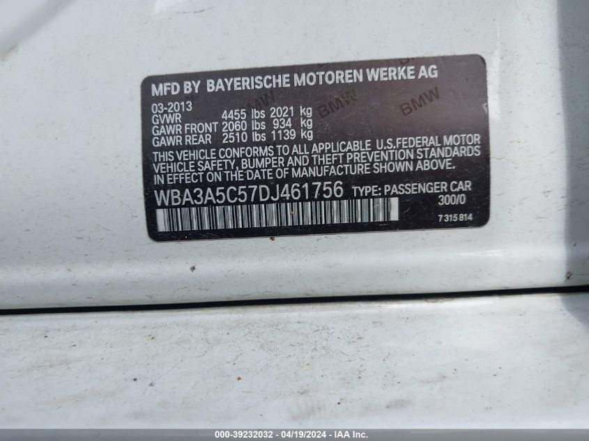 2013 BMW 328I VIN: WBA3A5C57DJ461756 Lot: 39232032