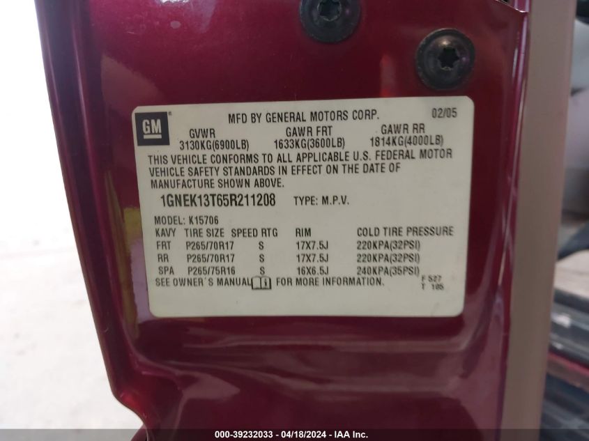 2005 Chevrolet Tahoe Lt VIN: 1GNEK13T65R211208 Lot: 39232033