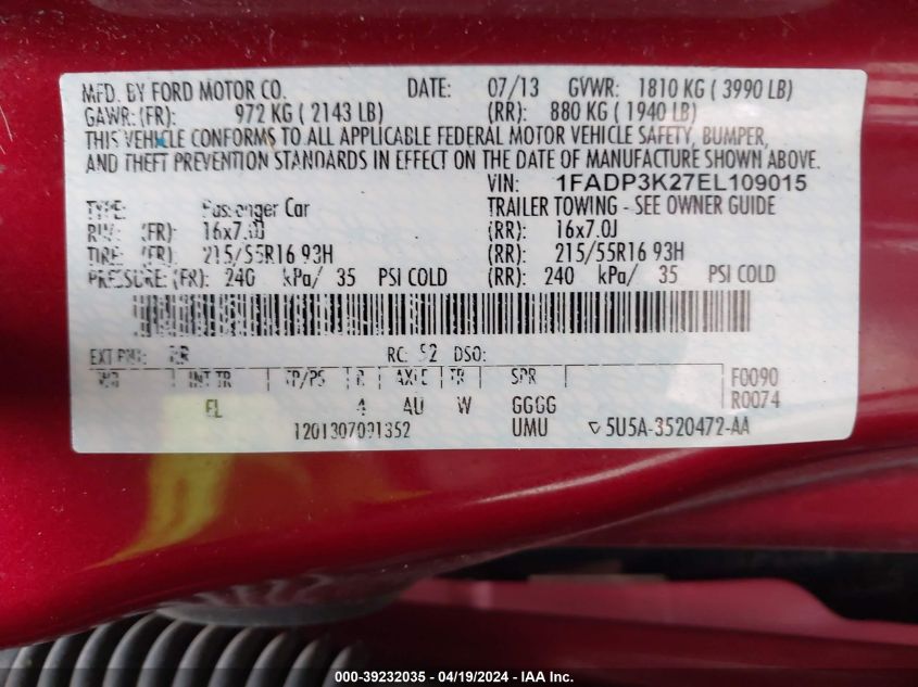 2014 Ford Focus Se VIN: 1FADP3K27EL109015 Lot: 48213304