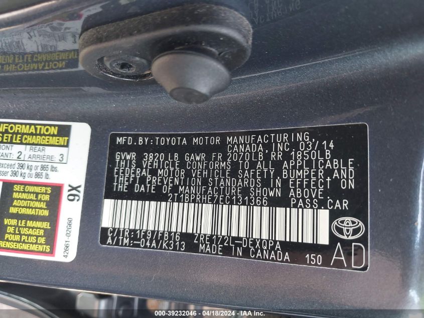 2014 Toyota Corolla Le Eco VIN: 2T1BPRHE7EC131366 Lot: 39232046